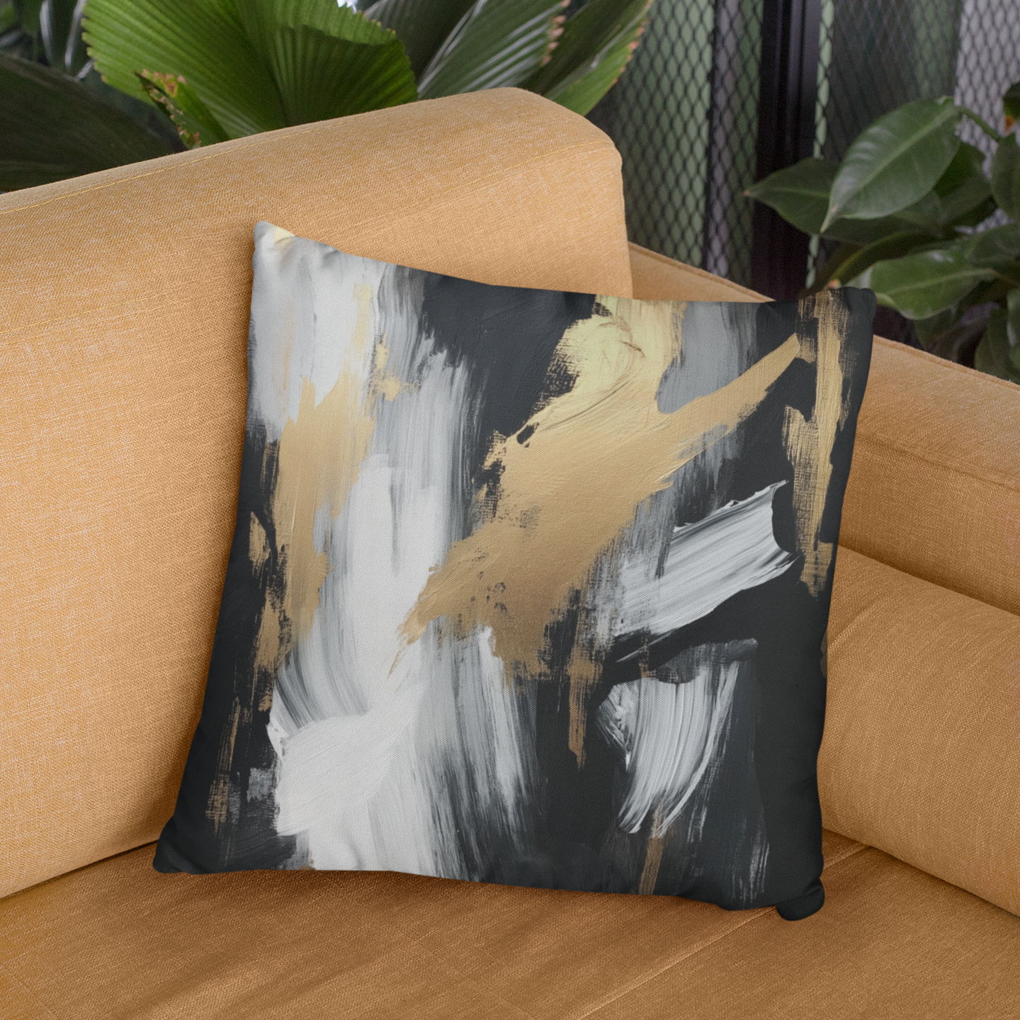 Chic Abstract Throw Pillow – Black, White & Gold Modern Accent Cushion