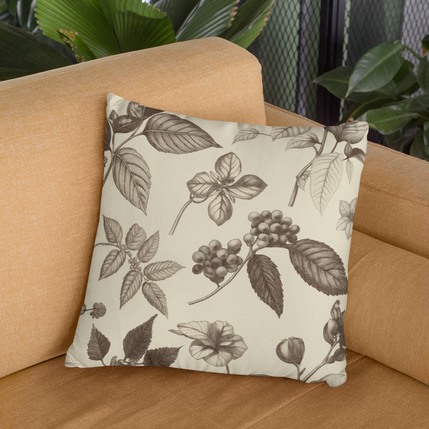 Botanical Print Square Throw Pillow – Nature-Inspired Accent Cushion