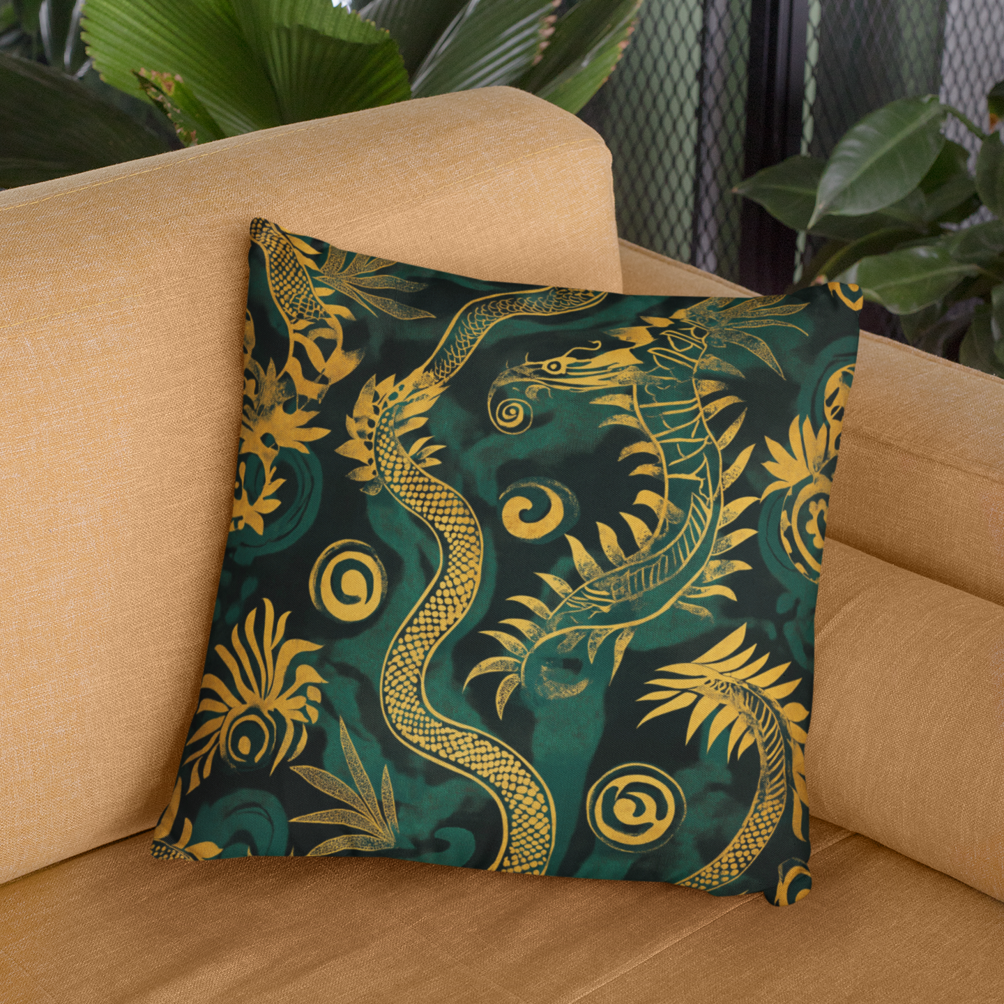 Dragon Motif Throw Pillow – Mythical Accent Cushion for Home Decor