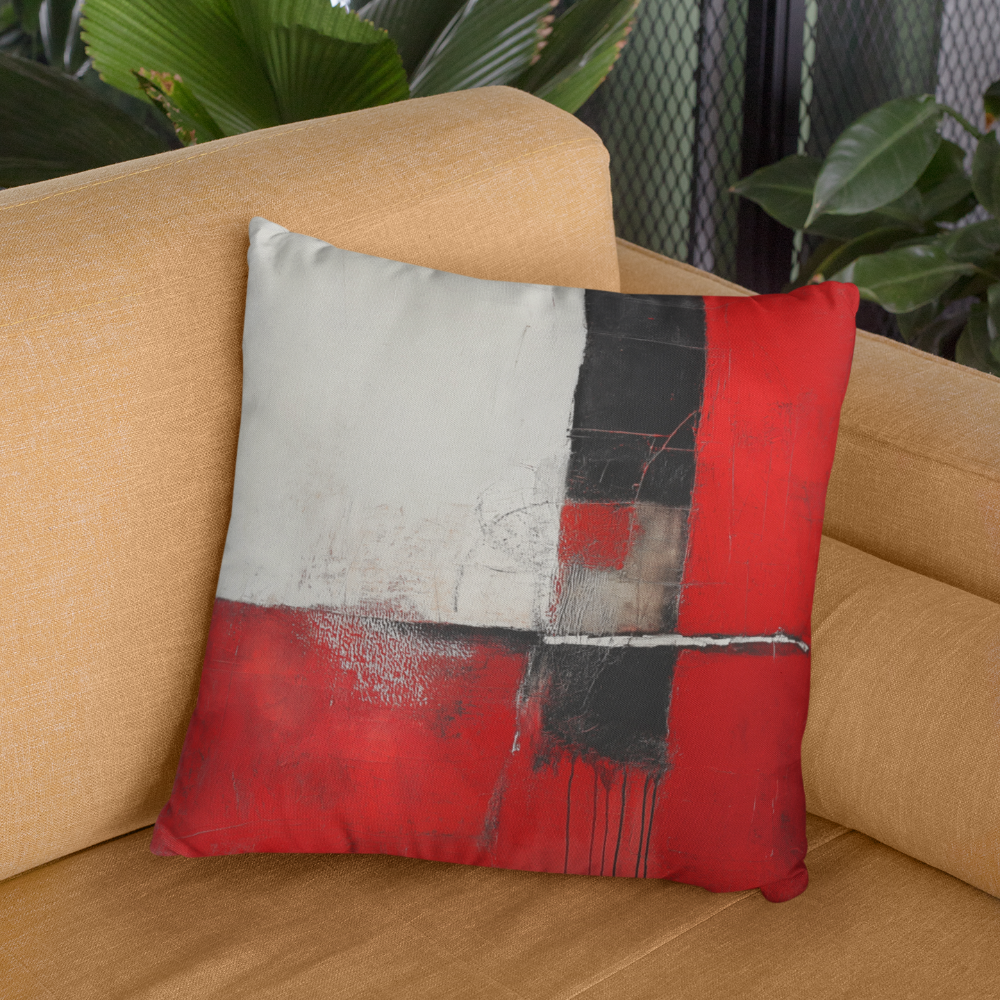 Modern Abstract Throw Pillow – Bold Red & Black Art-Inspired Cushion