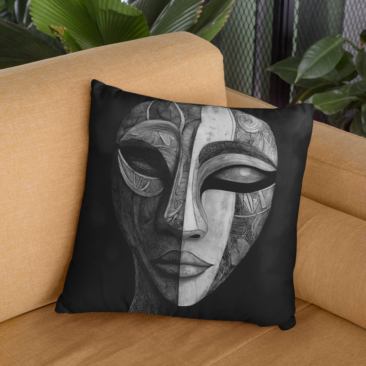 Artistic Black & White Pillow - Abstract Face Design, Home Decor Accent, Modern Living Room, Gift for Art Lovers, Cozy Bedroom