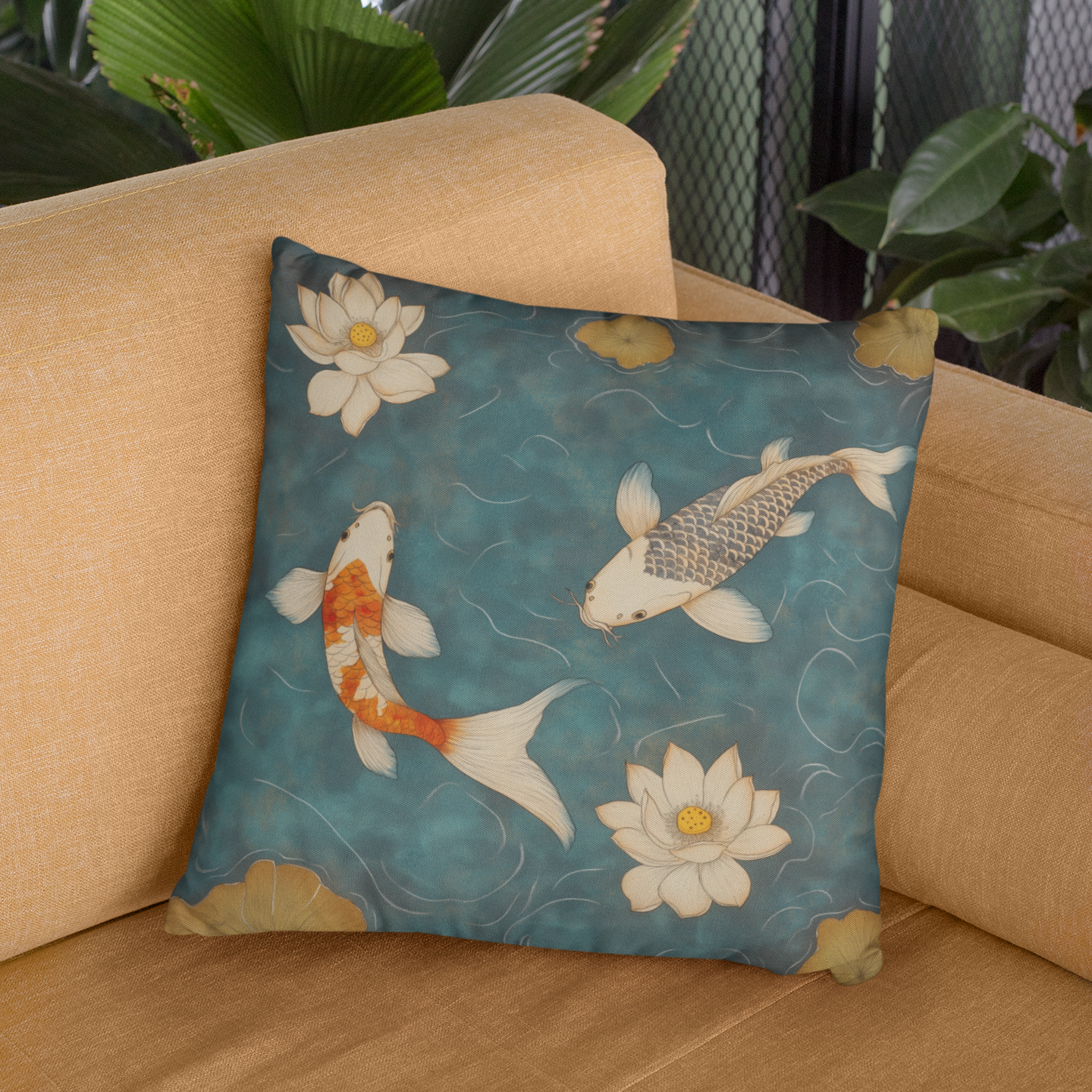 Zen Koi Fish Throw Pillow – Tranquil Garden-Inspired Accent Cushion