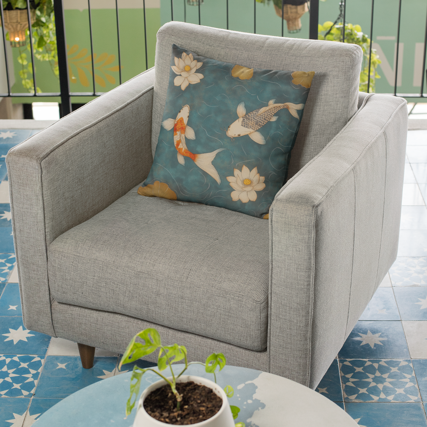 Zen Koi Fish Throw Pillow – Tranquil Garden-Inspired Accent Cushion