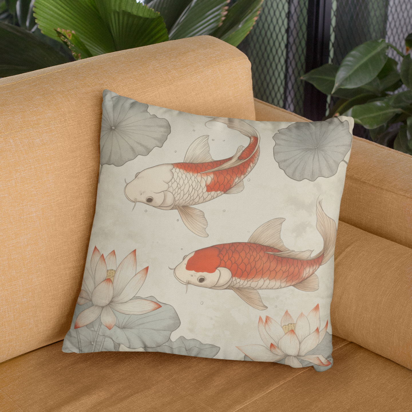 Koi Fish Throw Pillow – Japanese-Style Accent Cushion for Living Room