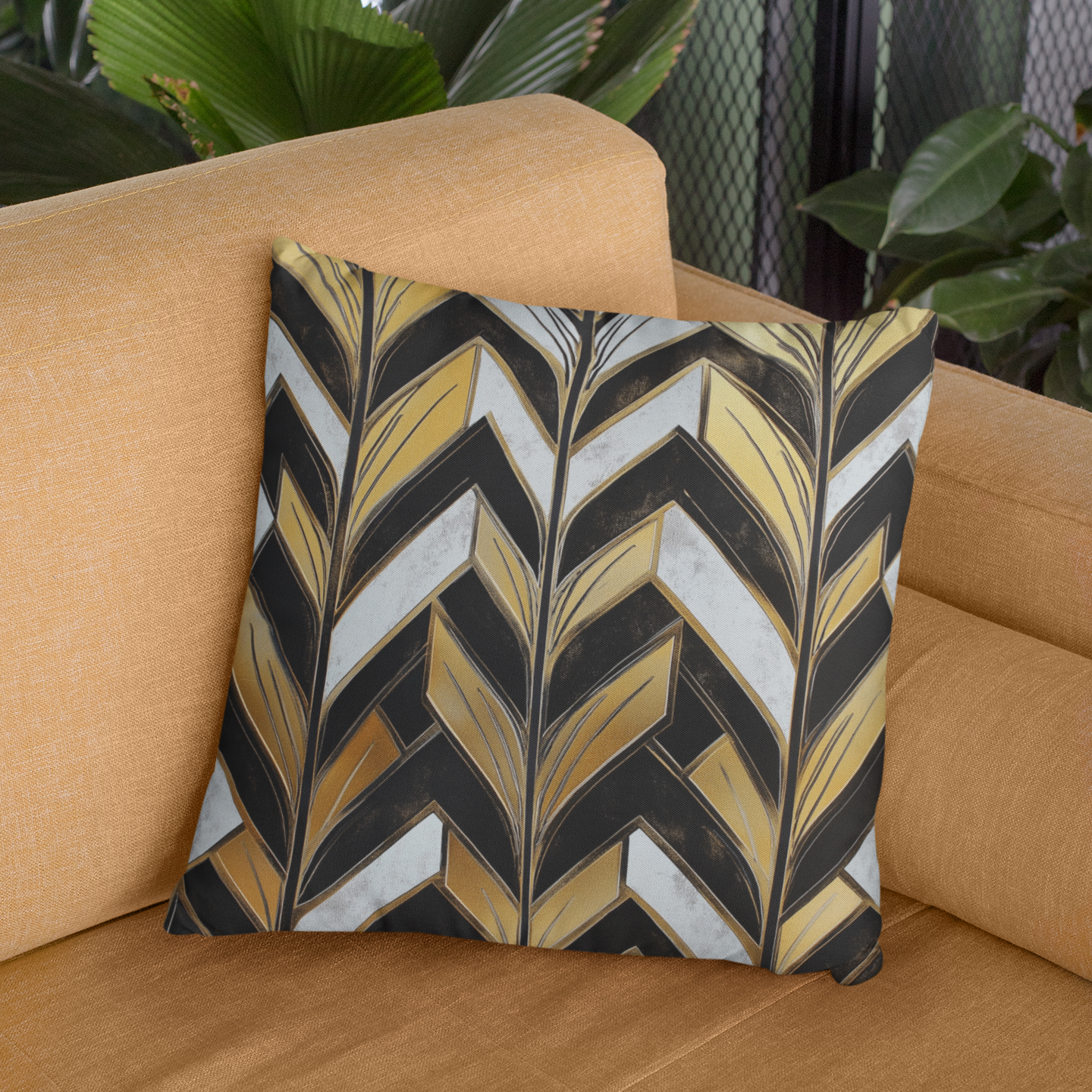 Chic Geometric Throw Pillow – Modern Accent Cushion with Gold & Black Pattern