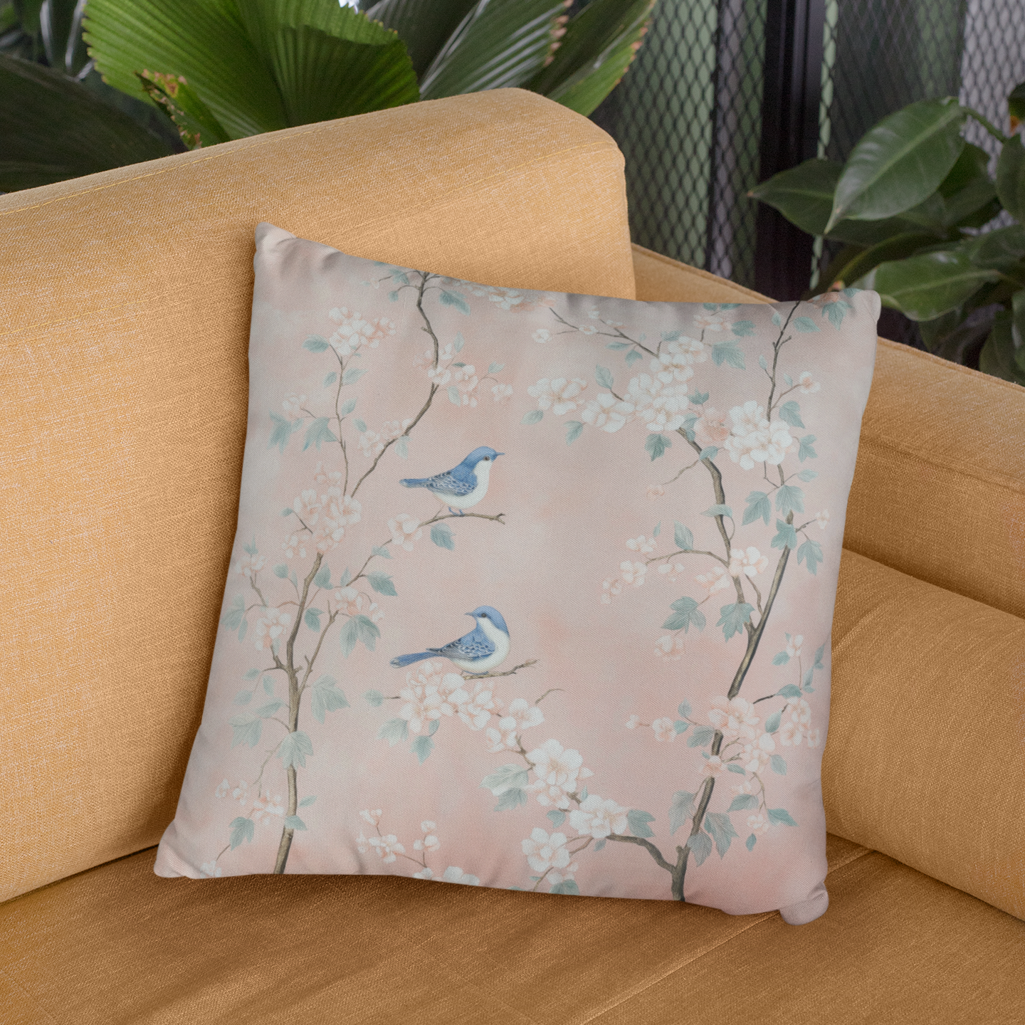 Bird & Blossom Throw Pillow – Nature-Inspired Accent Cushion