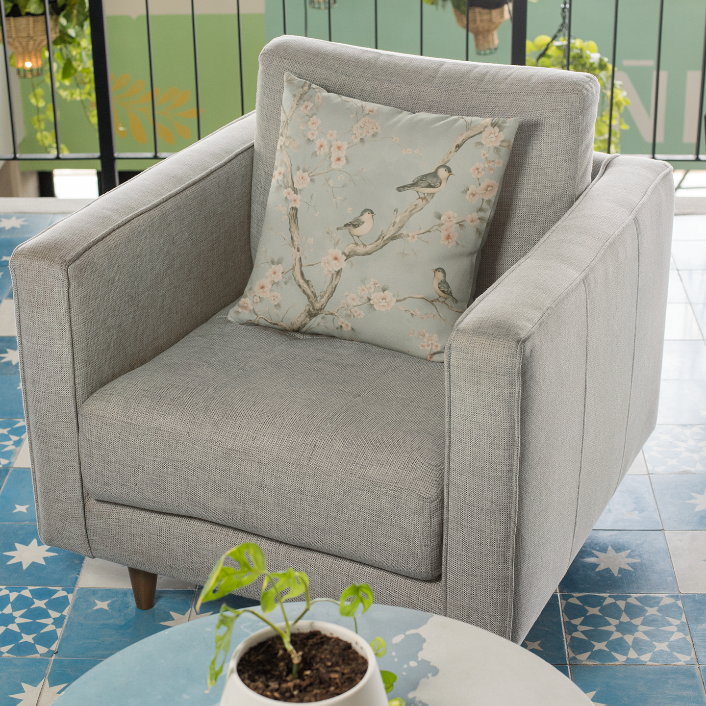 Charming Bird & Blossom Throw Pillow – Nature-Inspired Accent Cushion