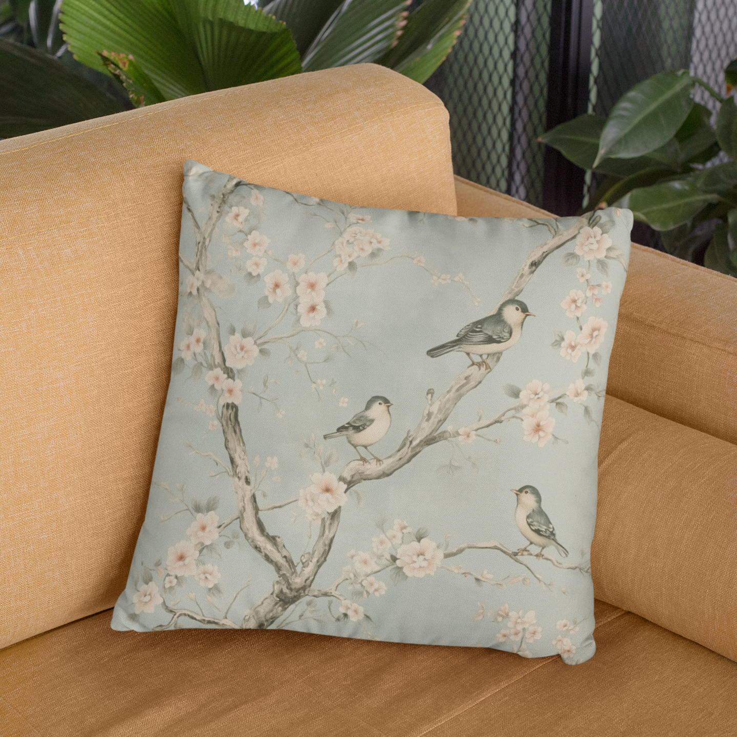 Charming Bird & Blossom Throw Pillow – Nature-Inspired Accent Cushion