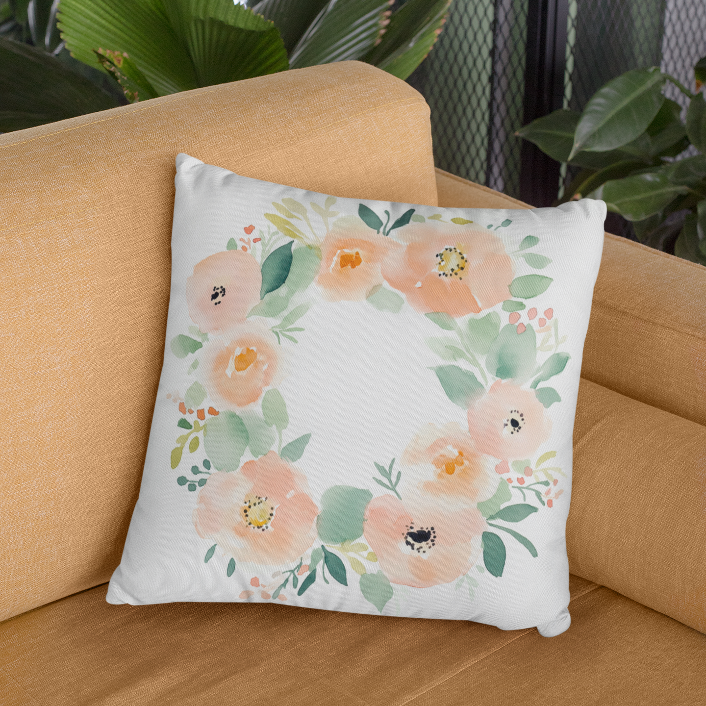 Floral Decorative Throw Pillow – Nature-Inspired Square Accent Cushion