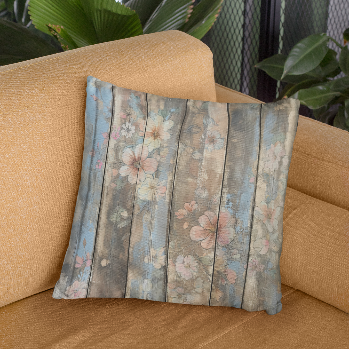 Floral Rustic Square Throw Pillow – Boho-Accent Cushion for Couch